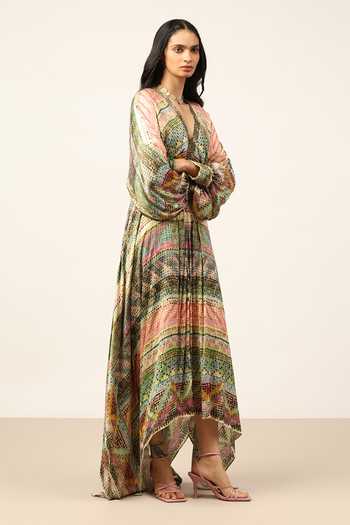 Ritu Kumar Green Satin V-neck Ivyy Long Dress Online at Aza Fashions Ritu Kumar_Green Satin V-neck Ivyy Long Dress _Online_at_Aza_Fashions