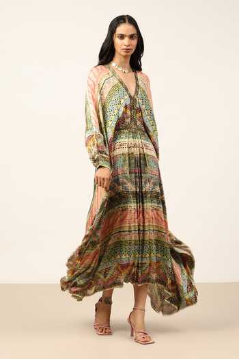 Shop Ritu Kumar Green Satin V-neck Ivyy Long Dress Online at Aza Fashions Shop_Ritu Kumar_Green Satin V-neck Ivyy Long Dress _Online_at_Aza_Fashions