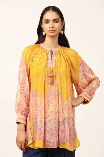 Shop Ritu Kumar Yellow Viscose, Chinon Round Neck Lisaa Top With Inner Online at Aza Fashions Shop_Ritu Kumar_Yellow Viscose, Chinon Round Neck Lisaa Top With Inner _Online_at_Aza_Fashions