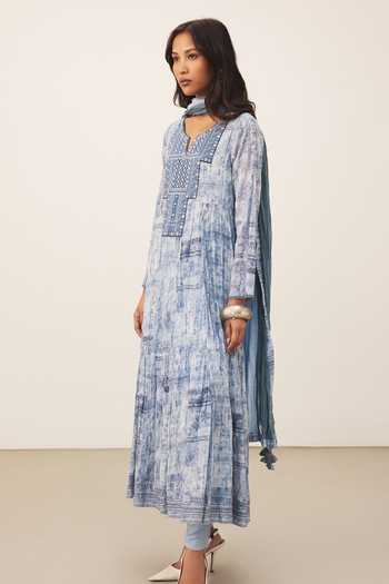Ritu Kumar Blue Cotton, Viscose, Lycra, Jersey Split V-neck Achhara Kurta Leggings Set Online at Aza Fashions Ritu Kumar_Blue Cotton, Viscose, Lycra, Jersey Split V-neck Achhara Kurta Leggings Set _Online_at_Aza_Fashions