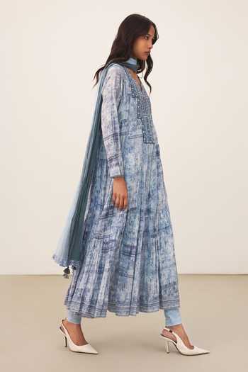 Buy Ritu Kumar Blue Cotton, Viscose, Lycra, Jersey Split V-neck Achhara Kurta Leggings Set Online at Aza Fashions Buy_Ritu Kumar_Blue Cotton, Viscose, Lycra, Jersey Split V-neck Achhara Kurta Leggings Set _Online_at_Aza_Fashions