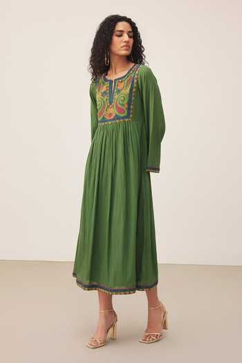 Ritu Kumar Green Cotton Split V-neck Ambikaa Long Dress Online at Aza Fashions Ritu Kumar_Green Cotton Split V-neck Ambikaa Long Dress _Online_at_Aza_Fashions