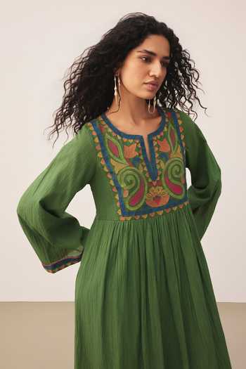 Buy Ritu Kumar Green Cotton Split V-neck Ambikaa Long Dress Online at Aza Fashions Buy_Ritu Kumar_Green Cotton Split V-neck Ambikaa Long Dress _Online_at_Aza_Fashions
