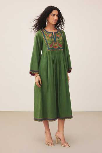 Shop Ritu Kumar Green Cotton Split V-neck Ambikaa Long Dress Online at Aza Fashions Shop_Ritu Kumar_Green Cotton Split V-neck Ambikaa Long Dress _Online_at_Aza_Fashions