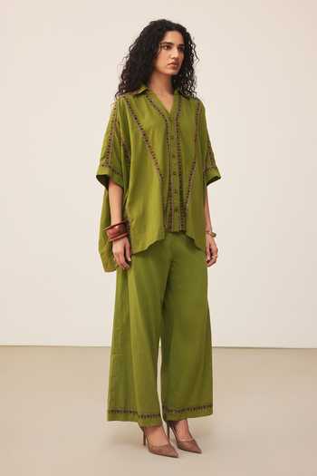 Ritu Kumar Green Cotton Embroidery V-neck Anagh Shirt With Palazzo Online at Aza Fashions Ritu Kumar_Green Cotton Embroidery V-neck Anagh Shirt With Palazzo _Online_at_Aza_Fashions