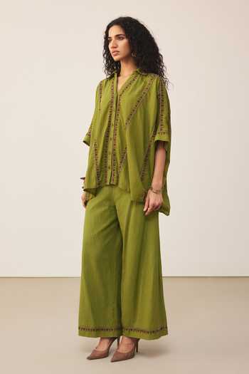 Buy Ritu Kumar Green Cotton Embroidery V-neck Anagh Shirt With Palazzo Online at Aza Fashions Buy_Ritu Kumar_Green Cotton Embroidery V-neck Anagh Shirt With Palazzo _Online_at_Aza_Fashions