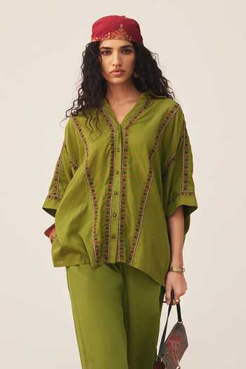 Shop Ritu Kumar Green Cotton Embroidery V-neck Anagh Shirt With Palazzo Online at Aza Fashions Shop_Ritu Kumar_Green Cotton Embroidery V-neck Anagh Shirt With Palazzo _Online_at_Aza_Fashions