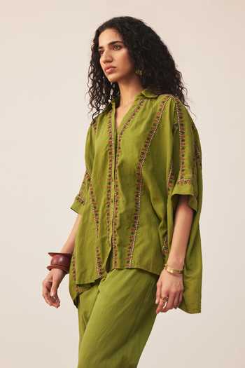 Ritu Kumar Green Cotton Embroidery V-neck Anagh Shirt With Palazzo at Aza Fashions Ritu Kumar_Green Cotton Embroidery V-neck Anagh Shirt With Palazzo _at_Aza_Fashions