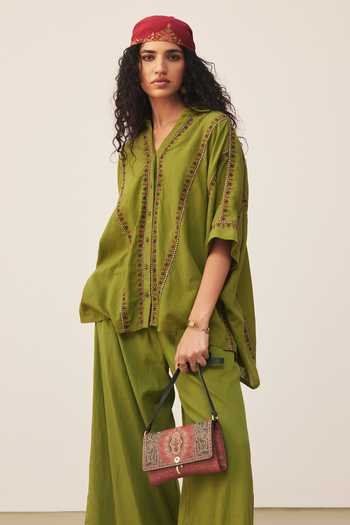 Buy Ritu Kumar Green Cotton Embroidery V-neck Anagh Shirt With Palazzo Buy_Ritu Kumar_Green Cotton Embroidery V-neck Anagh Shirt With Palazzo