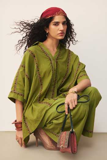 Shop Ritu Kumar Green Cotton Embroidery V-neck Anagh Shirt With Palazzo Shop_Ritu Kumar_Green Cotton Embroidery V-neck Anagh Shirt With Palazzo