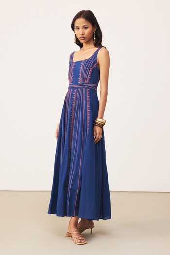 Ritu Kumar Blue Cotton Square Neck Anagh Long Dress Online at Aza Fashions Ritu Kumar_Blue Cotton Square Neck Anagh Long Dress _Online_at_Aza_Fashions