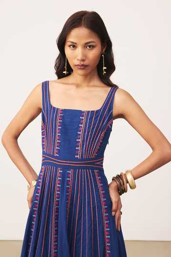 Shop Ritu Kumar Blue Cotton Square Neck Anagh Long Dress Online at Aza Fashions Shop_Ritu Kumar_Blue Cotton Square Neck Anagh Long Dress _Online_at_Aza_Fashions
