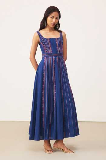 Ritu Kumar Blue Cotton Square Neck Anagh Long Dress at Aza Fashions Ritu Kumar_Blue Cotton Square Neck Anagh Long Dress _at_Aza_Fashions