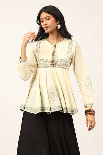 Ritu Kumar Off White Cotton Round Neck Ecru Cross Stitch Kurta at Aza Fashions Ritu Kumar_Off White Cotton Round Neck Ecru Cross Stitch Kurta _at_Aza_Fashions
