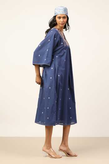 Ritu Kumar Blue Cotton V-neck Meander Long Dress Online at Aza Fashions Ritu Kumar_Blue Cotton V-neck Meander Long Dress _Online_at_Aza_Fashions