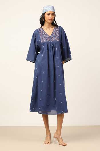 Buy Ritu Kumar Blue Cotton V-neck Meander Long Dress Online at Aza Fashions Buy_Ritu Kumar_Blue Cotton V-neck Meander Long Dress _Online_at_Aza_Fashions