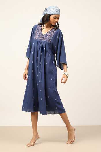 Shop Ritu Kumar Blue Cotton V-neck Meander Long Dress Online at Aza Fashions Shop_Ritu Kumar_Blue Cotton V-neck Meander Long Dress _Online_at_Aza_Fashions