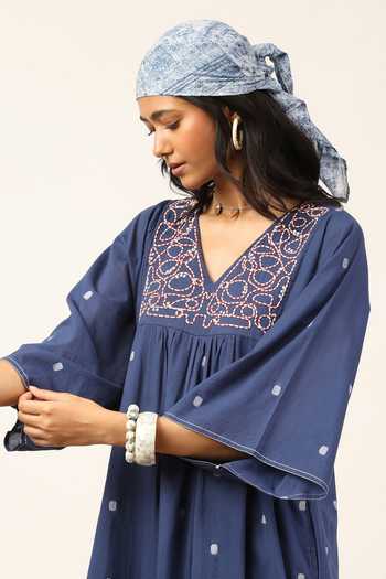 Ritu Kumar Blue Cotton V-neck Meander Long Dress at Aza Fashions Ritu Kumar_Blue Cotton V-neck Meander Long Dress _at_Aza_Fashions