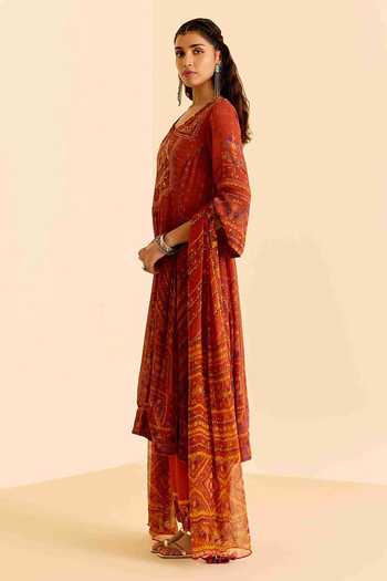 Ritu Kumar Orange Crepe, Chiffon, Viscose V-neck Geometric Print Kurta Pant Set Online at Aza Fashions Ritu Kumar_Orange Crepe, Chiffon, Viscose V-neck Geometric Print Kurta Pant Set _Online_at_Aza_Fashions