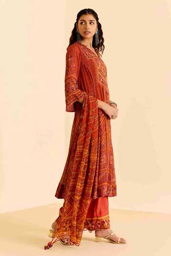 Buy Ritu Kumar Orange Crepe, Chiffon, Viscose V-neck Geometric Print Kurta Pant Set Online at Aza Fashions Buy_Ritu Kumar_Orange Crepe, Chiffon, Viscose V-neck Geometric Print Kurta Pant Set _Online_at_Aza_Fashions