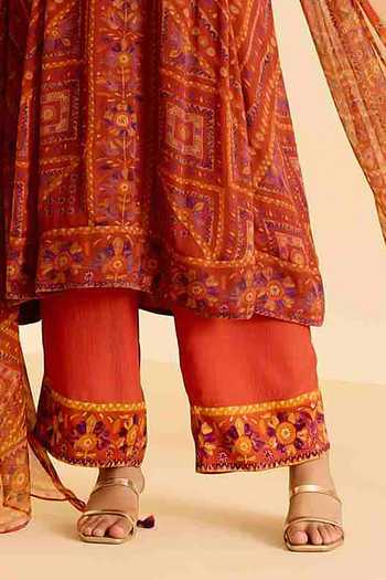 Ritu Kumar Orange Crepe, Chiffon, Viscose V-neck Geometric Print Kurta Pant Set at Aza Fashions Ritu Kumar_Orange Crepe, Chiffon, Viscose V-neck Geometric Print Kurta Pant Set _at_Aza_Fashions