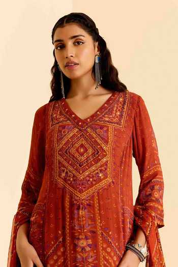 Buy Ritu Kumar Orange Crepe, Chiffon, Viscose V-neck Geometric Print Kurta Pant Set Buy_Ritu Kumar_Orange Crepe, Chiffon, Viscose V-neck Geometric Print Kurta Pant Set