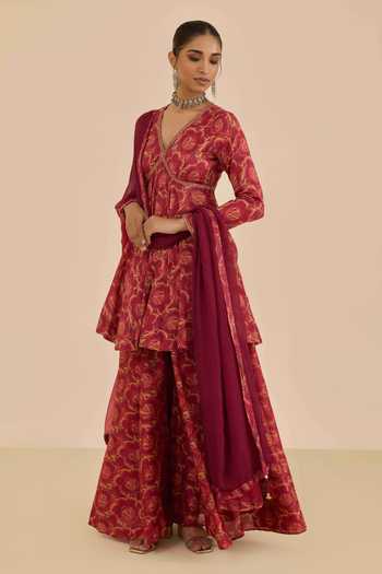 Ritu Kumar Rust Chanderi, Chiffon, Viscose V-neck Floral Print Kurta Sharara Set Online at Aza Fashions Ritu Kumar_Rust Chanderi, Chiffon, Viscose V-neck Floral Print Kurta Sharara Set _Online_at_Aza_Fashions