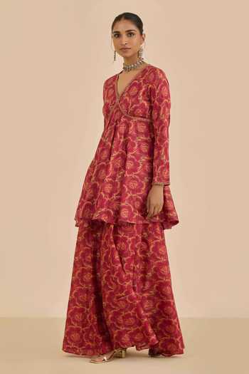 Buy Ritu Kumar Rust Chanderi, Chiffon, Viscose V-neck Floral Print Kurta Sharara Set Online at Aza Fashions Buy_Ritu Kumar_Rust Chanderi, Chiffon, Viscose V-neck Floral Print Kurta Sharara Set _Online_at_Aza_Fashions