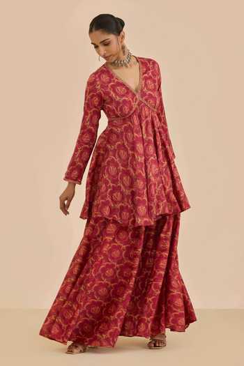 Shop Ritu Kumar Rust Chanderi, Chiffon, Viscose V-neck Floral Print Kurta Sharara Set Online at Aza Fashions Shop_Ritu Kumar_Rust Chanderi, Chiffon, Viscose V-neck Floral Print Kurta Sharara Set _Online_at_Aza_Fashions