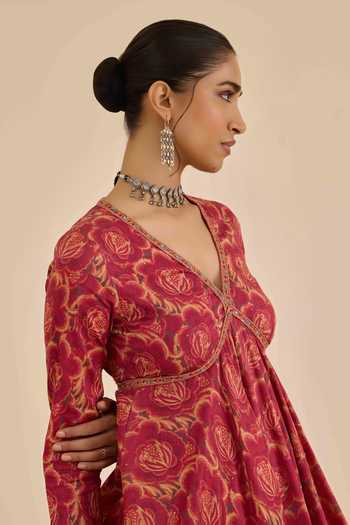 Ritu Kumar Rust Chanderi, Chiffon, Viscose V-neck Floral Print Kurta Sharara Set at Aza Fashions Ritu Kumar_Rust Chanderi, Chiffon, Viscose V-neck Floral Print Kurta Sharara Set _at_Aza_Fashions