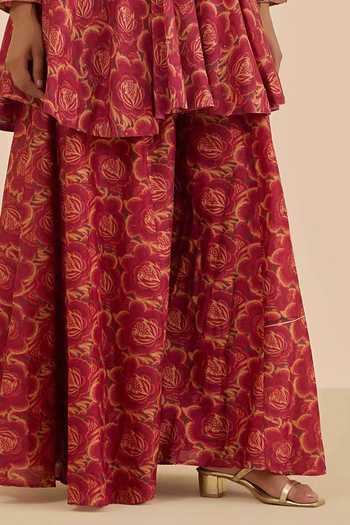 Buy Ritu Kumar Rust Chanderi, Chiffon, Viscose V-neck Floral Print Kurta Sharara Set Buy_Ritu Kumar_Rust Chanderi, Chiffon, Viscose V-neck Floral Print Kurta Sharara Set