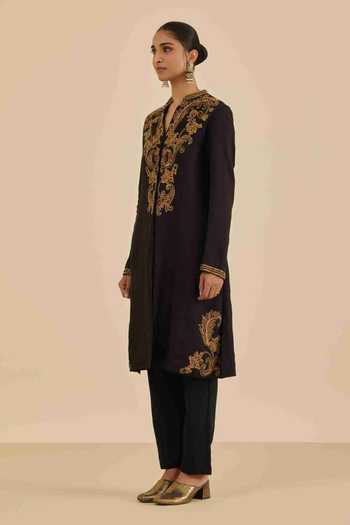 Ritu Kumar Black Cotton, Viscose, Dupion Mandarin Collar Full Sleeve Kurta With Pant Online at Aza Fashions Ritu Kumar_Black Cotton, Viscose, Dupion Mandarin Collar Full Sleeve Kurta With Pant _Online_at_Aza_Fashions