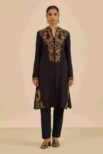 Buy Ritu Kumar Black Cotton, Viscose, Dupion Mandarin Collar Full Sleeve Kurta With Pant Online at Aza Fashions Buy_Ritu Kumar_Black Cotton, Viscose, Dupion Mandarin Collar Full Sleeve Kurta With Pant _Online_at_Aza_Fashions