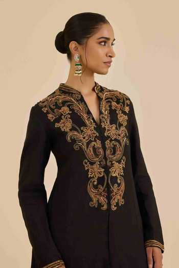 Shop Ritu Kumar Black Cotton, Viscose, Dupion Mandarin Collar Full Sleeve Kurta With Pant Online at Aza Fashions Shop_Ritu Kumar_Black Cotton, Viscose, Dupion Mandarin Collar Full Sleeve Kurta With Pant _Online_at_Aza_Fashions