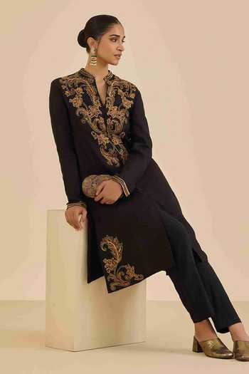 Ritu Kumar Black Cotton, Viscose, Dupion Mandarin Collar Full Sleeve Kurta With Pant at Aza Fashions Ritu Kumar_Black Cotton, Viscose, Dupion Mandarin Collar Full Sleeve Kurta With Pant _at_Aza_Fashions