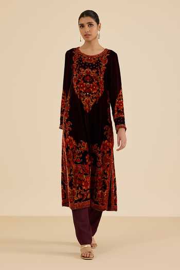 Ritu Kumar Maroon Silk, Velvet, Viscose, Chinon Round Neck Floral Print Kurta Salwar Set Online at Aza Fashions Ritu Kumar_Maroon Silk, Velvet, Viscose, Chinon Round Neck Floral Print Kurta Salwar Set _Online_at_Aza_Fashions