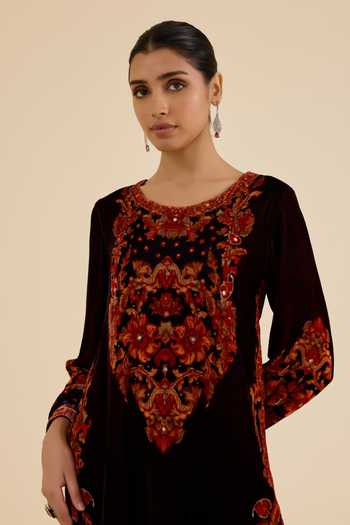 Buy Ritu Kumar Maroon Silk, Velvet, Viscose, Chinon Round Neck Floral Print Kurta Salwar Set Online at Aza Fashions Buy_Ritu Kumar_Maroon Silk, Velvet, Viscose, Chinon Round Neck Floral Print Kurta Salwar Set _Online_at_Aza_Fashions