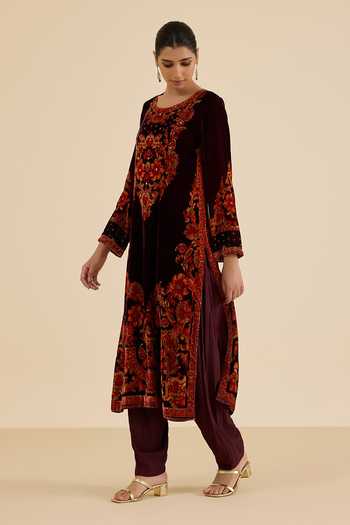 Shop Ritu Kumar Maroon Silk, Velvet, Viscose, Chinon Round Neck Floral Print Kurta Salwar Set Online at Aza Fashions Shop_Ritu Kumar_Maroon Silk, Velvet, Viscose, Chinon Round Neck Floral Print Kurta Salwar Set _Online_at_Aza_Fashions