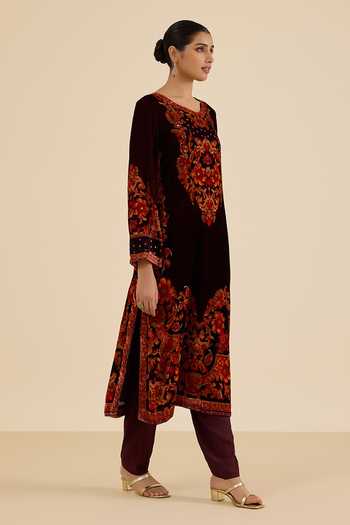Ritu Kumar Maroon Silk, Velvet, Viscose, Chinon Round Neck Floral Print Kurta Salwar Set at Aza Fashions Ritu Kumar_Maroon Silk, Velvet, Viscose, Chinon Round Neck Floral Print Kurta Salwar Set _at_Aza_Fashions