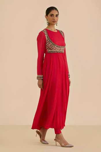 Ritu Kumar Red Viscose, Lycra, Jersey Round Neck Full Sleeve Solid Kurta Leggings Set Online at Aza Fashions Ritu Kumar_Red Viscose, Lycra, Jersey Round Neck Full Sleeve Solid Kurta Leggings Set _Online_at_Aza_Fashions
