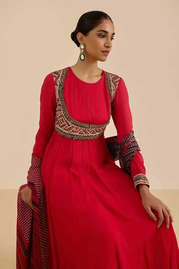 Shop Ritu Kumar Red Viscose, Lycra, Jersey Round Neck Full Sleeve Solid Kurta Leggings Set Online at Aza Fashions Shop_Ritu Kumar_Red Viscose, Lycra, Jersey Round Neck Full Sleeve Solid Kurta Leggings Set _Online_at_Aza_Fashions