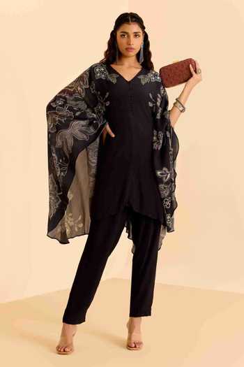 Shop Ritu Kumar Black Cotton, Viscose V-neck Floral Print Full Sleeve Kurta Set Online at Aza Fashions Shop_Ritu Kumar_Black Cotton, Viscose V-neck Floral Print Full Sleeve Kurta Set _Online_at_Aza_Fashions