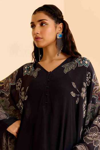 Ritu Kumar Black Cotton, Viscose V-neck Floral Print Full Sleeve Kurta Set at Aza Fashions Ritu Kumar_Black Cotton, Viscose V-neck Floral Print Full Sleeve Kurta Set _at_Aza_Fashions