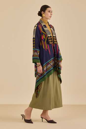 Ritu Kumar Blue Viscose, Dupion Shawl Neck Klim Shrug Online at Aza Fashions Ritu Kumar_Blue Viscose, Dupion Shawl Neck Klim Shrug _Online_at_Aza_Fashions