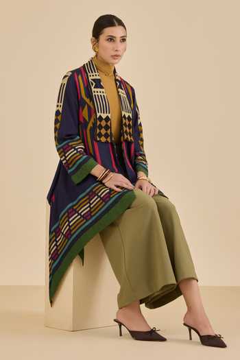 Shop Ritu Kumar Blue Viscose, Dupion Shawl Neck Klim Shrug Online at Aza Fashions Shop_Ritu Kumar_Blue Viscose, Dupion Shawl Neck Klim Shrug _Online_at_Aza_Fashions