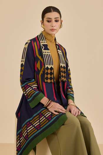 Ritu Kumar Blue Viscose, Dupion Shawl Neck Klim Shrug at Aza Fashions Ritu Kumar_Blue Viscose, Dupion Shawl Neck Klim Shrug _at_Aza_Fashions