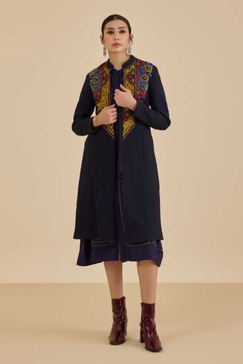 Shop Ritu Kumar Blue Viscose, Dupion Mandarin Collar Meera Quilted Jacket Online at Aza Fashions Shop_Ritu Kumar_Blue Viscose, Dupion Mandarin Collar Meera Quilted Jacket _Online_at_Aza_Fashions