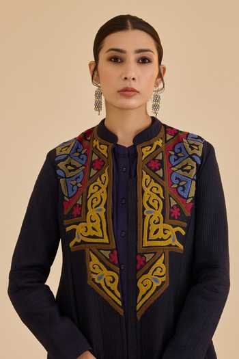 Ritu Kumar Blue Viscose, Dupion Mandarin Collar Meera Quilted Jacket at Aza Fashions Ritu Kumar_Blue Viscose, Dupion Mandarin Collar Meera Quilted Jacket _at_Aza_Fashions