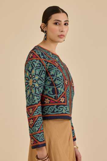 Ritu Kumar Blue Viscose, Dupion Round Neck Meera Quilted Jacket Online at Aza Fashions Ritu Kumar_Blue Viscose, Dupion Round Neck Meera Quilted Jacket _Online_at_Aza_Fashions