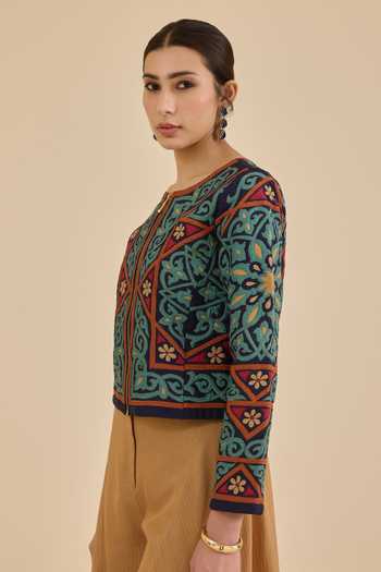 Shop Ritu Kumar Blue Viscose, Dupion Round Neck Meera Quilted Jacket Online at Aza Fashions Shop_Ritu Kumar_Blue Viscose, Dupion Round Neck Meera Quilted Jacket _Online_at_Aza_Fashions